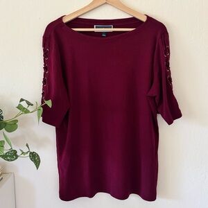 Karen Scott Burgundy 3/4 Sleeve Top with Lace-Up Details - Size L